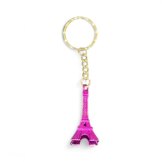 Paris Eiffel Tower Keychain – Shiny Pink Souvenir Charm with Gold Ring